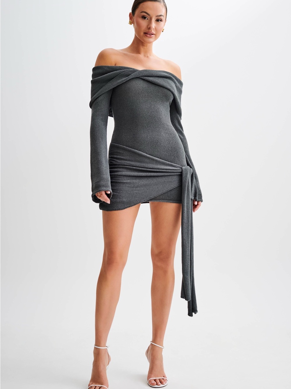 Meshki Off-Shoulder Charcoal Mini Dress with Waist Tie